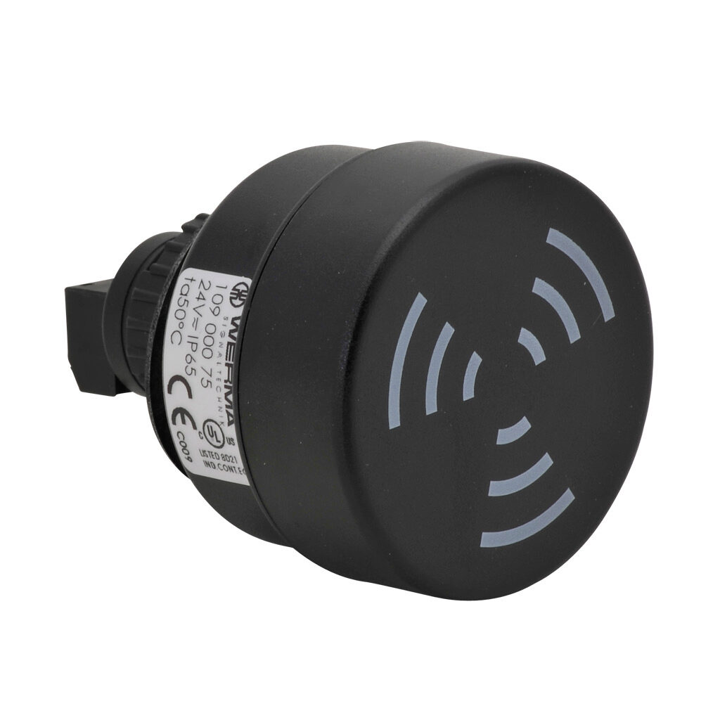 10900075 - WERMA audible alarm buzzer, 80 dB at 1m, 2.1 kHz tone frequency, continuous tone(s), 24 VAC/VDC, 22mm, panel mount, ABS/polycarbonate housing, black, IP65.