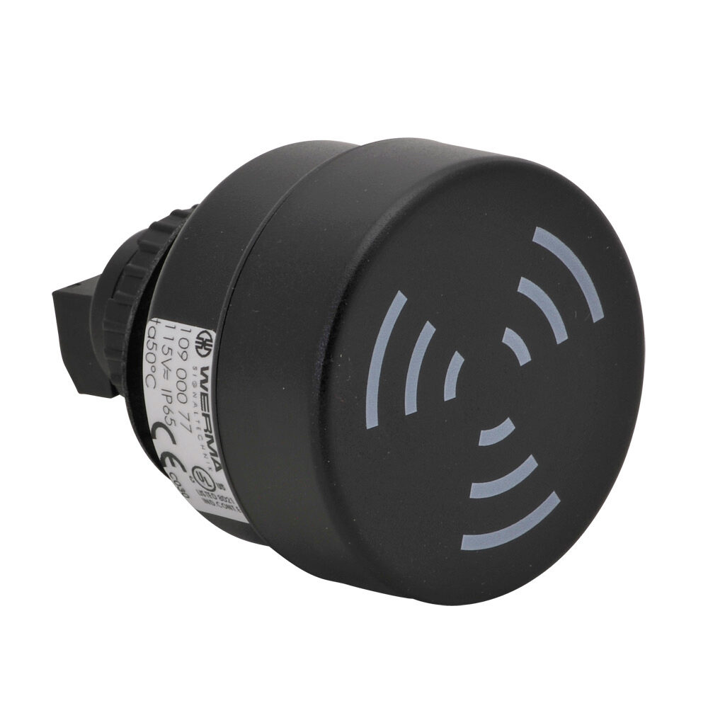 10900077 - WERMA audible alarm buzzer, 80 dB at 1m, 2.1 kHz tone frequency, continuous tone(s), 115 VAC/VDC, 22mm, panel mount, ABS/polycarbonate housing, black, IP65.