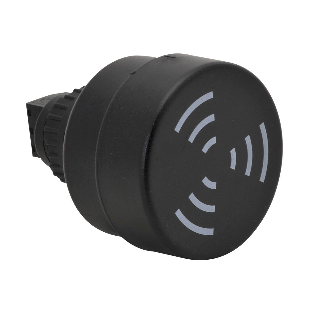 10901075 - WERMA audible alarm buzzer, 80 dB at 1m, 2.1 kHz tone frequency, pulse tone(s), 24 VAC/VDC, 22mm, panel mount, ABS/polycarbonate housing, black, IP65.