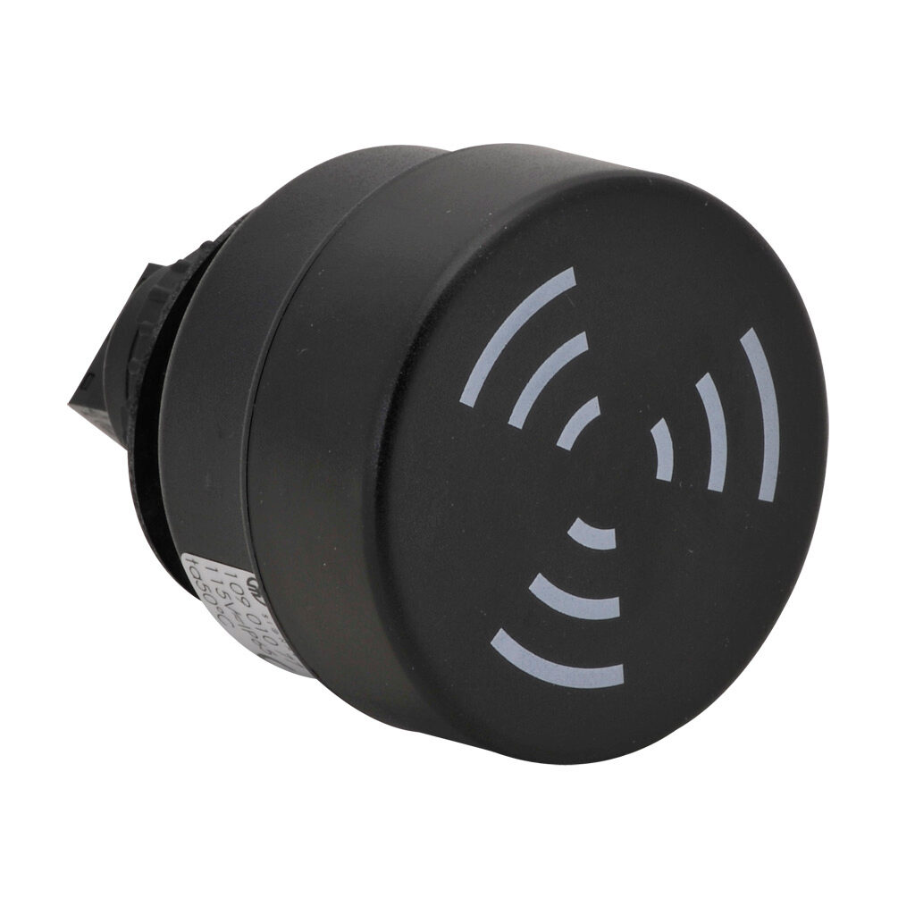 10901077 - WERMA audible alarm buzzer, 80 dB at 1m, 2.1 kHz tone frequency, pulse tone(s), 115 VAC/VDC, 22mm, panel mount, ABS/polycarbonate housing, black, IP65.