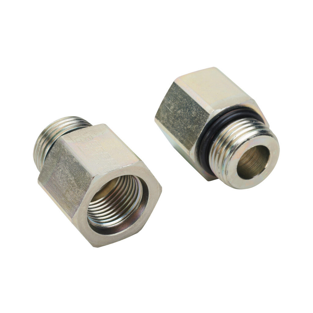 10MB-8FB - HY-TECH hydraulic fluid adapter, straight, plated steel body, (1) -10 male o-ring boss and (1) -8 female o-ring boss. Package of 2.