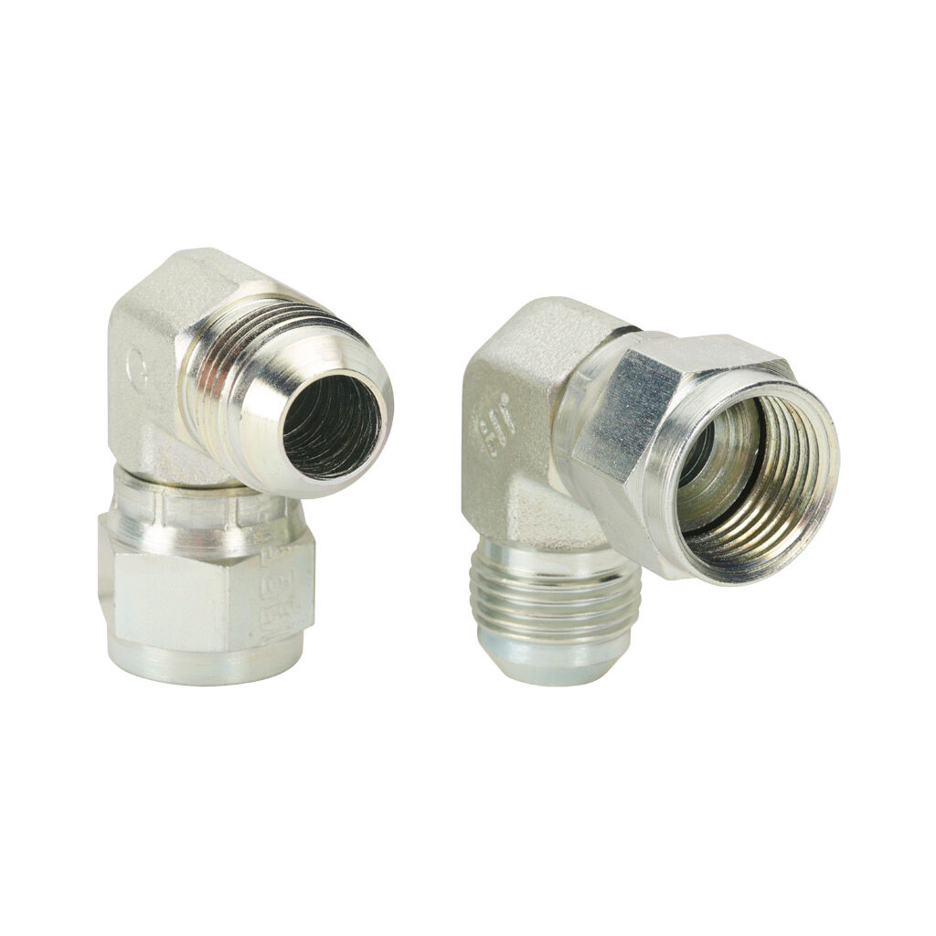 10MJ-10FJX90 - HY-TECH hydraulic fluid adapter, elbow, plated steel body, (1) -10 male JIC 37 deg and (1) -10 female JIC 37 deg. Package of 2.