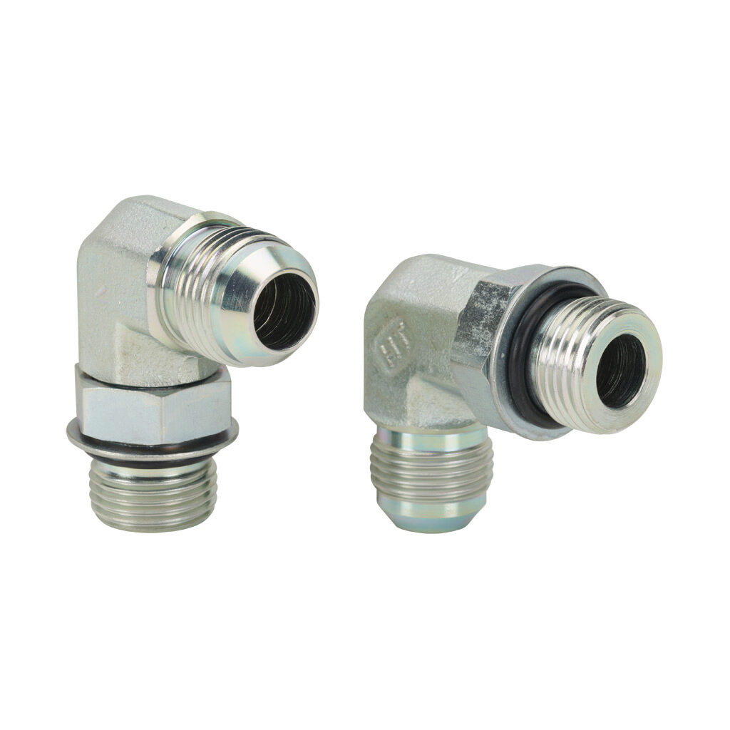 10MJ-10MB90 - HY-TECH hydraulic fluid adapter, elbow, plated steel body, (1) -10 male JIC 37 deg and (1) -10 male o-ring boss. Package of 2.