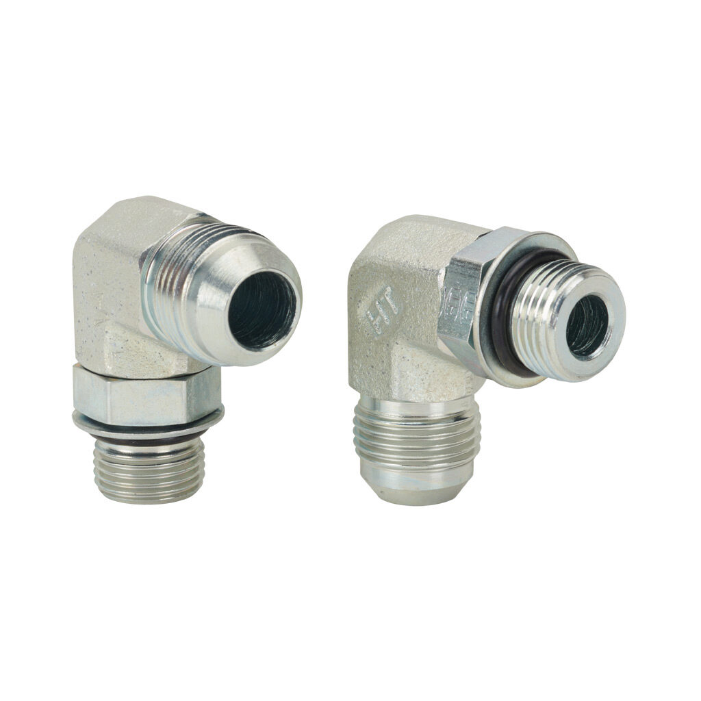 10MJ-8MB90 - HY-TECH hydraulic fluid adapter, elbow, plated steel body, (1) -10 male JIC 37 deg and (1) -8 male o-ring boss. Package of 2.