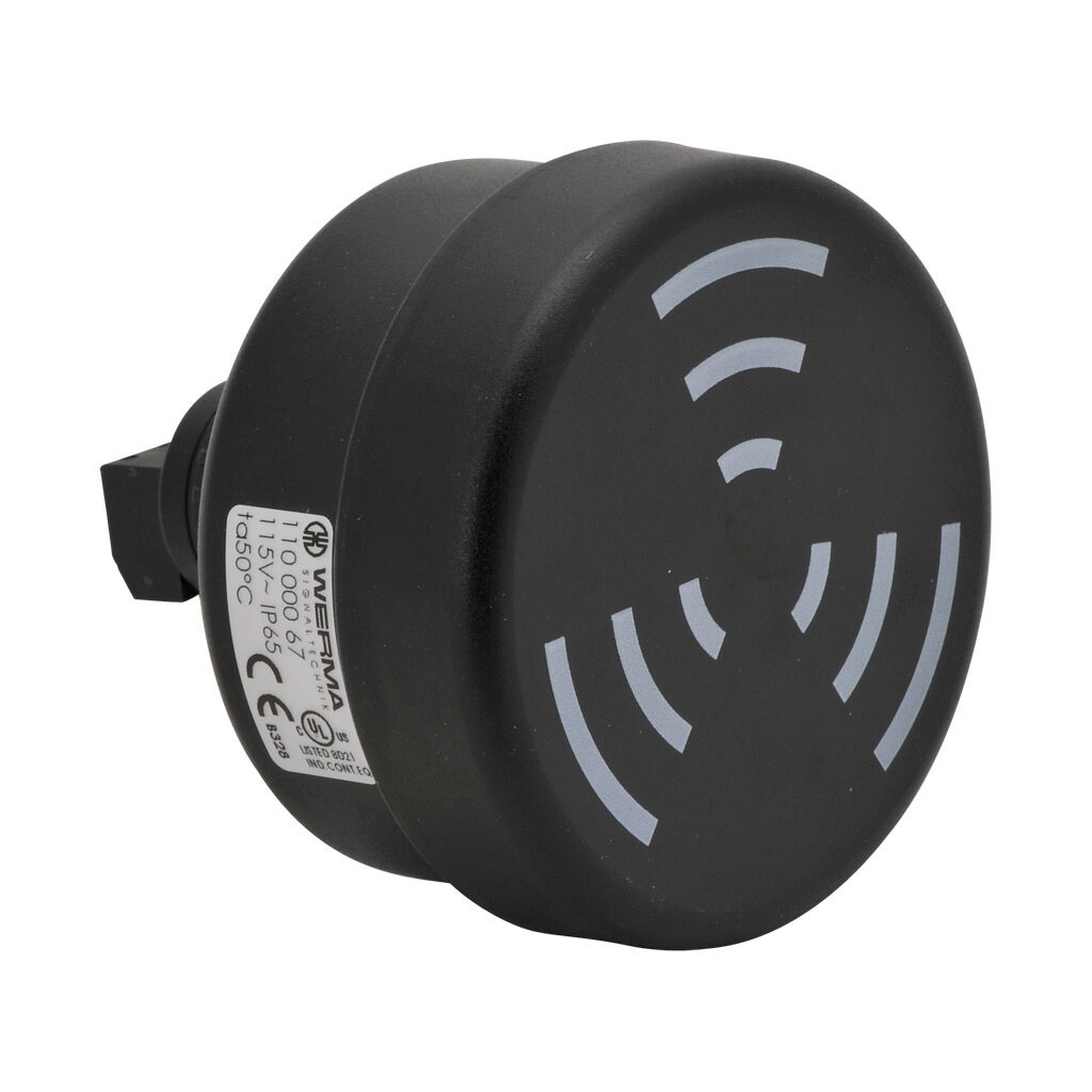 11000067 - WERMA audible alarm buzzer, 100 dB at 1m, 1.6 kHz to 3.4 kHz tone frequency, (8) selectable tone(s), 115 VAC, 22mm, panel mount, ABS/polycarbonate housing, black, IP65.