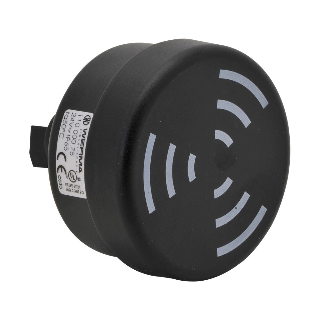 11000075 - WERMA audible alarm buzzer, 100 dB at 1m, 1.6 kHz to 3.4 kHz tone frequency, (8) selectable tone(s), 24 VAC/VDC, 22mm, panel mount, ABS/polycarbonate housing, black, IP65.