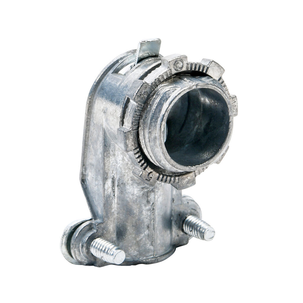 11001B - Halex fitting, zinc die cast, 90-degree, 3/8in trade size, screw clamp conduit connection. Package of 35. For use with flexible metal conduit (FMC). Screws and locknut included.