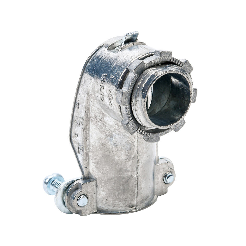11005B - Halex fitting, zinc die cast, 90-degree, 1/2in trade size, screw clamp conduit connection. Package of 25. For use with flexible metal conduit (FMC), AC cable (BX), MC cable. Screws and locknut included.