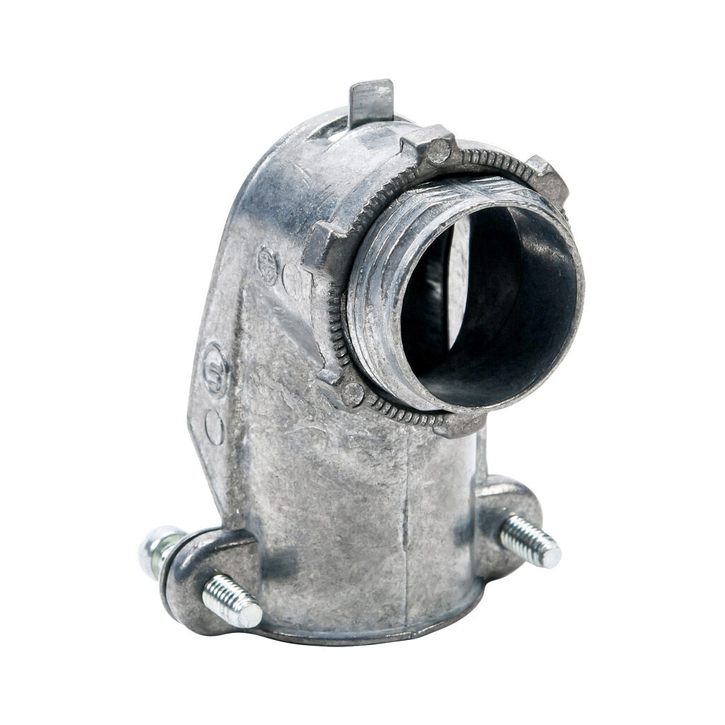 11007B - Halex fitting, zinc die cast, 90-degree, 3/4in trade size, screw clamp conduit connection. Package of 10. For use with flexible metal conduit (FMC), AC cable (BX), MC cable. Screws and locknut included.
