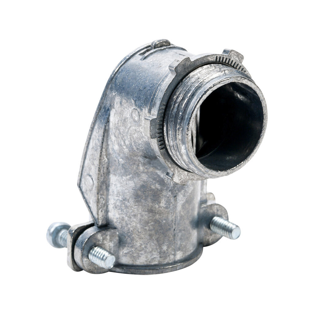11010B - Halex fitting, zinc die cast, 90-degree, 1in trade size, screw clamp conduit connection. Package of 5. For use with flexible metal conduit (FMC), AC cable (BX), MC cable. Screws and locknut included.
