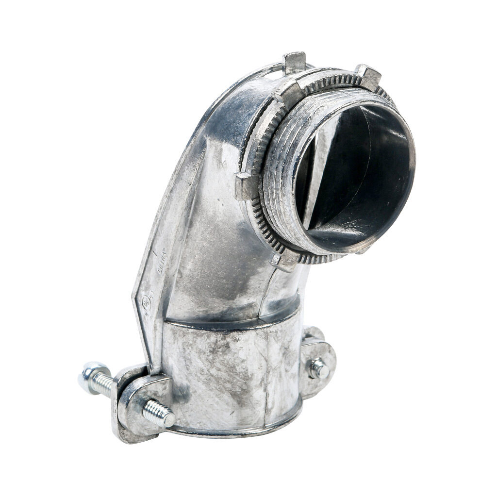 11012B - Halex fitting, zinc die cast, 90-degree, 1-1/4in trade size, screw clamp conduit connection. Package of 10. For use with flexible metal conduit (FMC). Screws and locknut included.