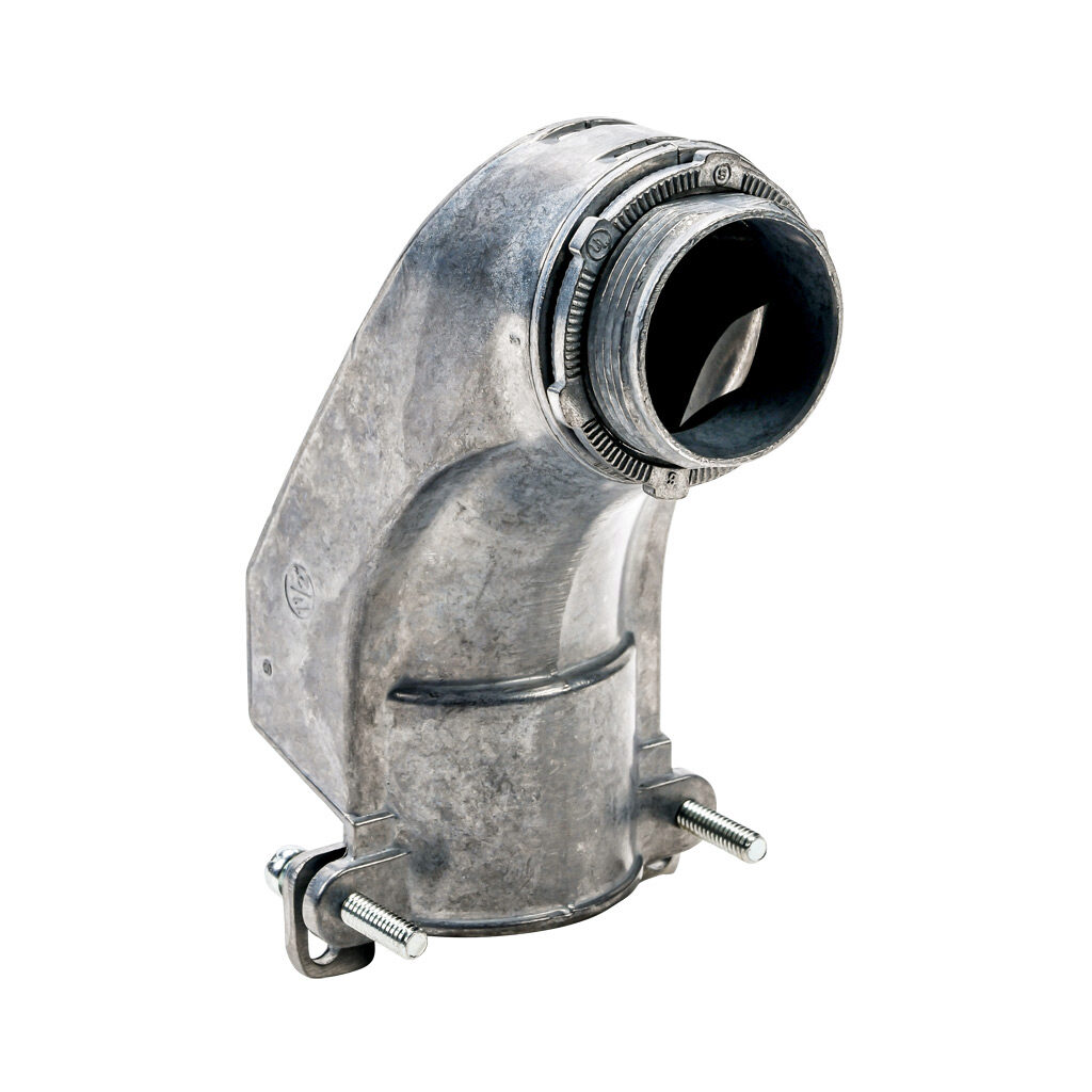 11015B - Halex fitting, zinc die cast, 90-degree, 1-1/2in trade size, screw clamp conduit connection. Package of 5. For use with flexible metal conduit (FMC). Screws and locknut included.