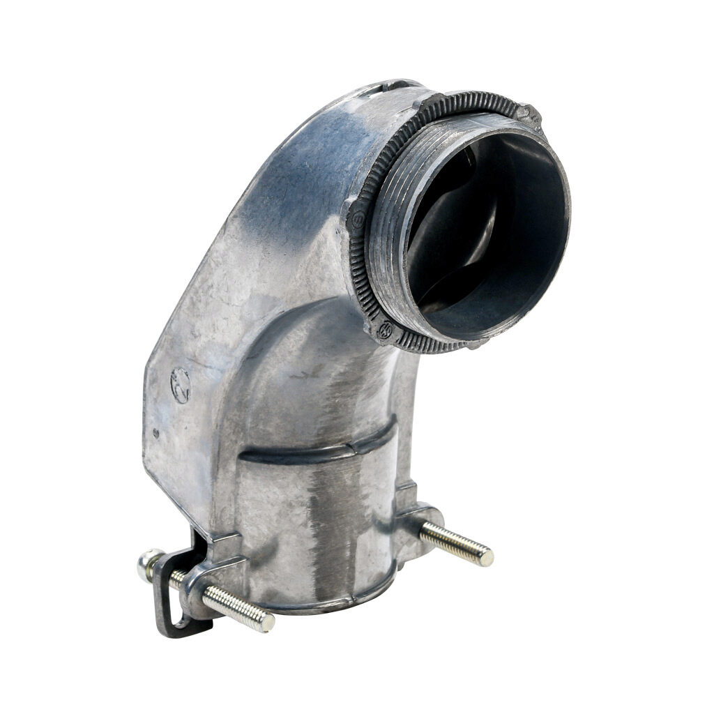 11020B - Halex fitting, zinc die cast, 90-degree, 2in trade size, screw clamp conduit connection. Package of 5. For use with flexible metal conduit (FMC). Screws and locknut included.