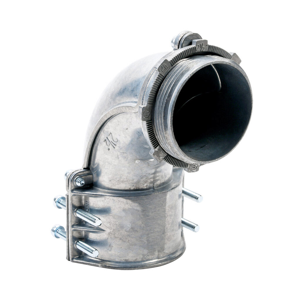 11025B - Halex fitting, zinc die cast, 90-degree, 2-1/2in trade size, screw clamp conduit connection. Package of 2. For use with flexible metal conduit (FMC). Screws and locknut included.