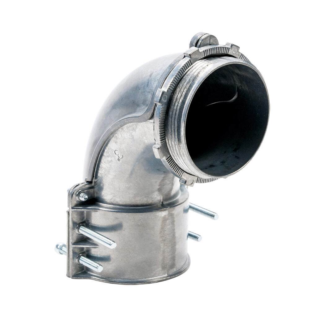 11030B - Halex fitting, zinc die cast, 90-degree, 3in trade size, screw clamp conduit connection. Package of 1. For use with flexible metal conduit (FMC). Screws and locknut included.