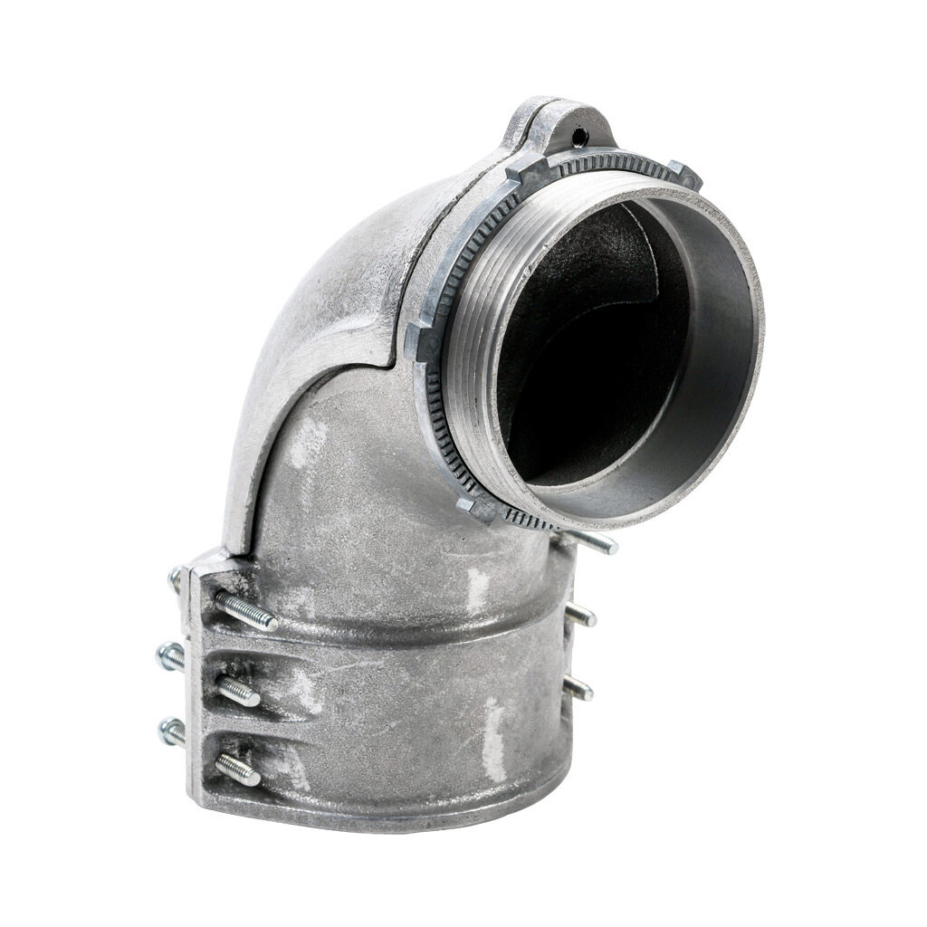11035B - Halex fitting, zinc die cast, 90-degree, 3-1/2in trade size, screw clamp conduit connection. Package of 1. For use with flexible metal conduit (FMC). Screws and locknut included.
