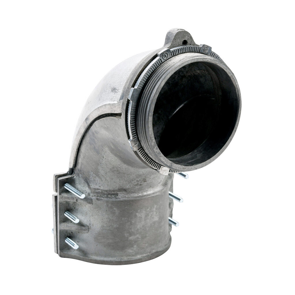 11040B - Halex fitting, zinc die cast, 90-degree, 4in trade size, screw clamp conduit connection. Package of 1. For use with flexible metal conduit (FMC). Screws and locknut included.