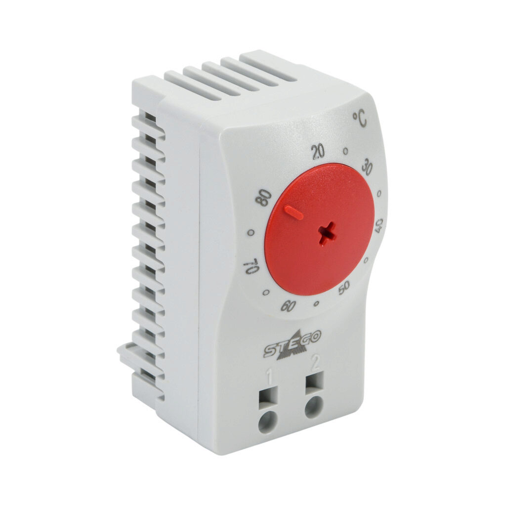 111000-02 - Stego thermostat, adjustable, N.C. (open on rise) 20 to 80 deg C, 7K switching differential, 35mm DIN rail mount, for electrical enclosure climate control.