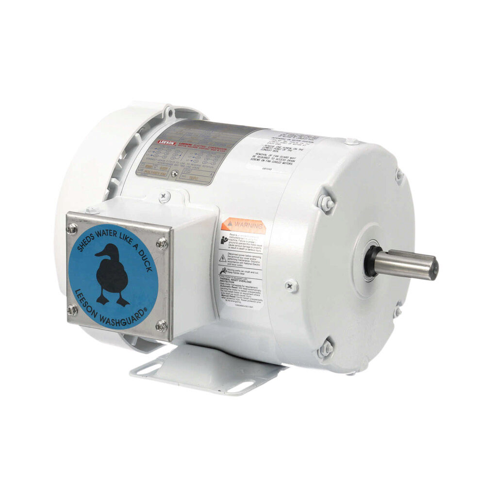 112428.00 - Leeson Washguard White Duck standard efficiency AC induction motor, washdown and inverter rated, 3/4hp, 3-phase, 208-230/460 VAC, 1800rpm, TEFC, NEMA 56 frame, rolled steel, rigid base mount.