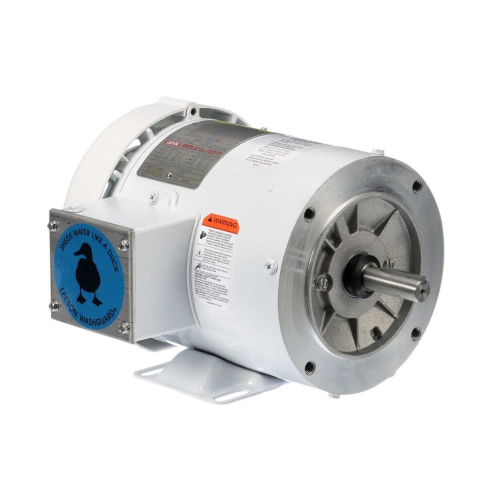 112429.00 - Leeson Washguard White Duck standard efficiency AC induction motor, washdown and inverter rated, 1/2hp, 3-phase, 208-230/460 VAC, 1800rpm, TEFC, NEMA 56C frame, rolled steel, C-face/rigid base mount.