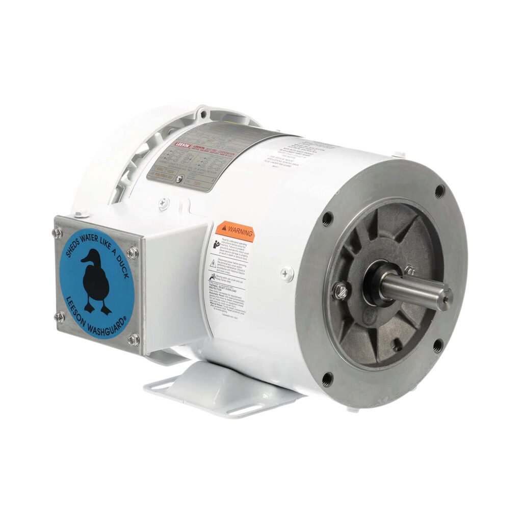112430.00 - Leeson Washguard White Duck standard efficiency AC induction motor, washdown and inverter rated, 3/4hp, 3-phase, 208-230/460 VAC, 1800rpm, TEFC, NEMA 56C frame, rolled steel, C-face/rigid base mount.