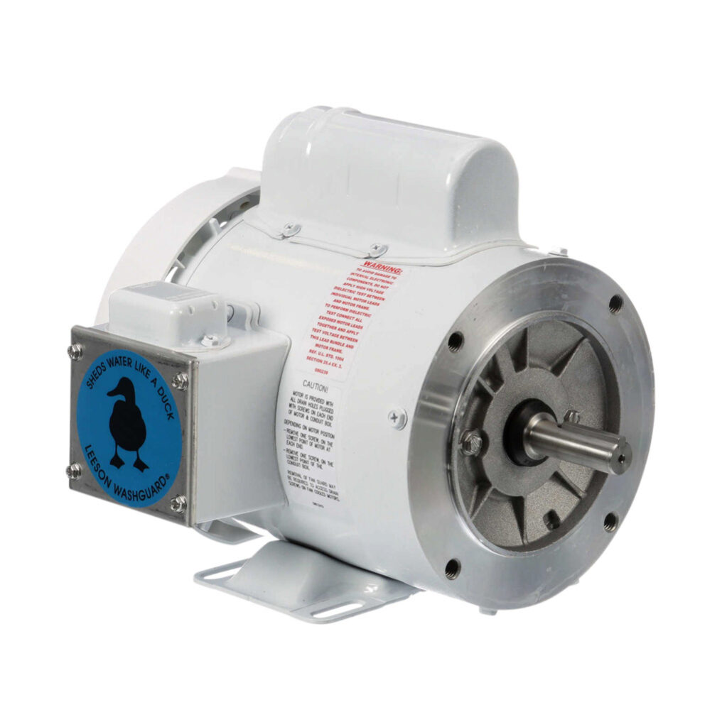 112527.00 - Leeson Washguard White Duck standard efficiency AC induction motor, washdown, 1/2hp, 1-phase, 115/208-230 VAC, 1800rpm, TEFC, NEMA 56C frame, rolled steel, C-face/rigid base mount.