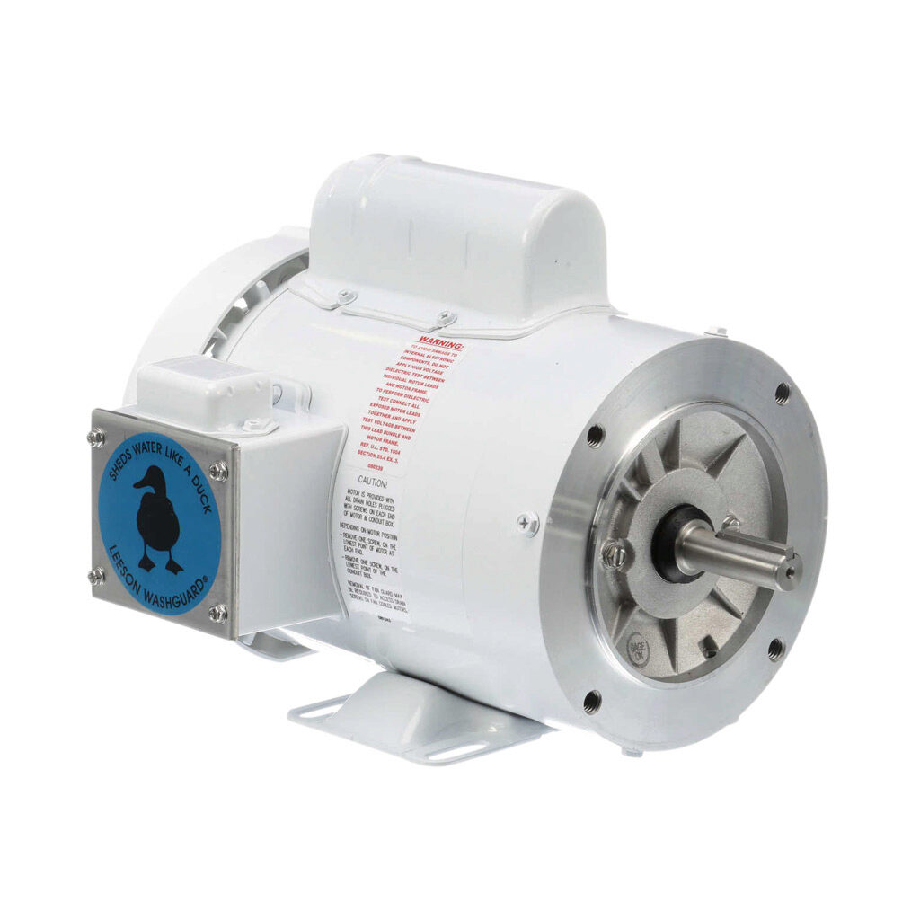 112529.00 - Leeson Washguard White Duck premium efficiency AC induction motor, washdown, 1hp, 1-phase, 115/208-230 VAC, 1800rpm, TEFC, NEMA 56C frame, rolled steel, C-face/rigid base mount.