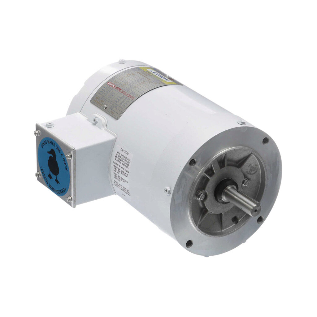 113023.00 - Leeson Washguard White Duck premium efficiency AC induction motor, washdown and high-performance inverter duty, 1hp, 3-phase, 230/460 VAC, 3600rpm, TENV, NEMA 56C frame, rolled steel, C-face mount.