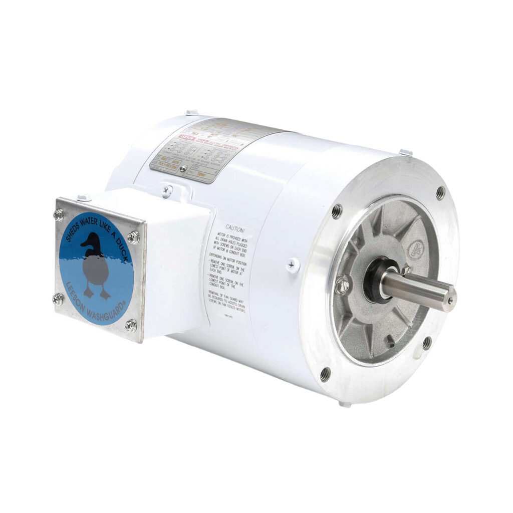 113473.00 - Leeson Washguard White Duck premium efficiency AC induction motor, washdown and high-performance inverter duty, 1/2hp, 3-phase, 208-230/460 VAC, 1800rpm, TENV, NEMA 56C frame, rolled steel, C-face mount.