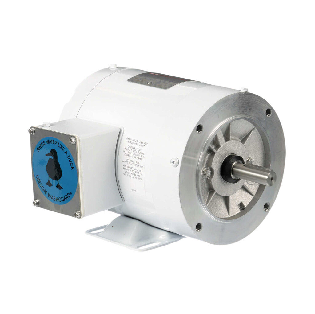 113586.00 - Leeson Washguard White Duck premium efficiency AC induction motor, washdown and high-performance inverter duty, 1/2hp, 3-phase, 230/460 VAC, 1800rpm, TENV, NEMA 56C frame, rolled steel, C-face/rigid base mount.