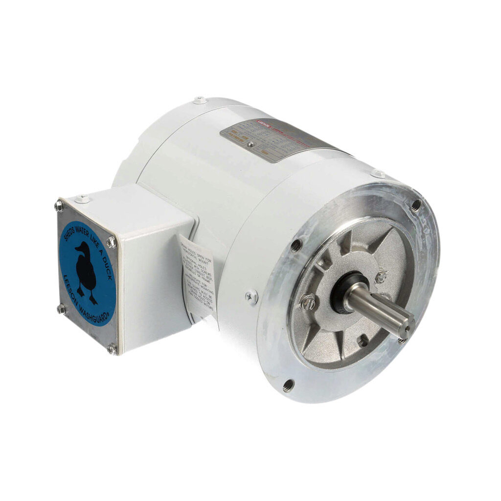 113649.00 - Leeson Washguard White Duck standard efficiency AC induction motor, washdown and high-performance inverter duty, 1/4hp, 3-phase, 208-230/460 VAC, 1800rpm, TENV, NEMA 56C frame, rolled steel, C-face mount.