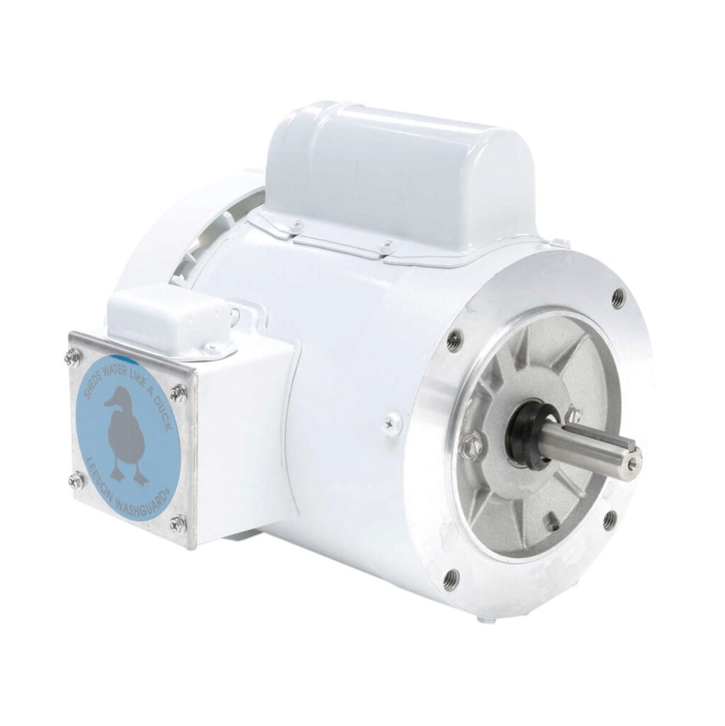 114311.00 - Leeson Washguard White Duck standard efficiency AC induction motor, washdown, 1/3hp, 1-phase, 115/208-230 VAC, 1800rpm, TEFC, NEMA 56C frame, rolled steel, C-face mount.