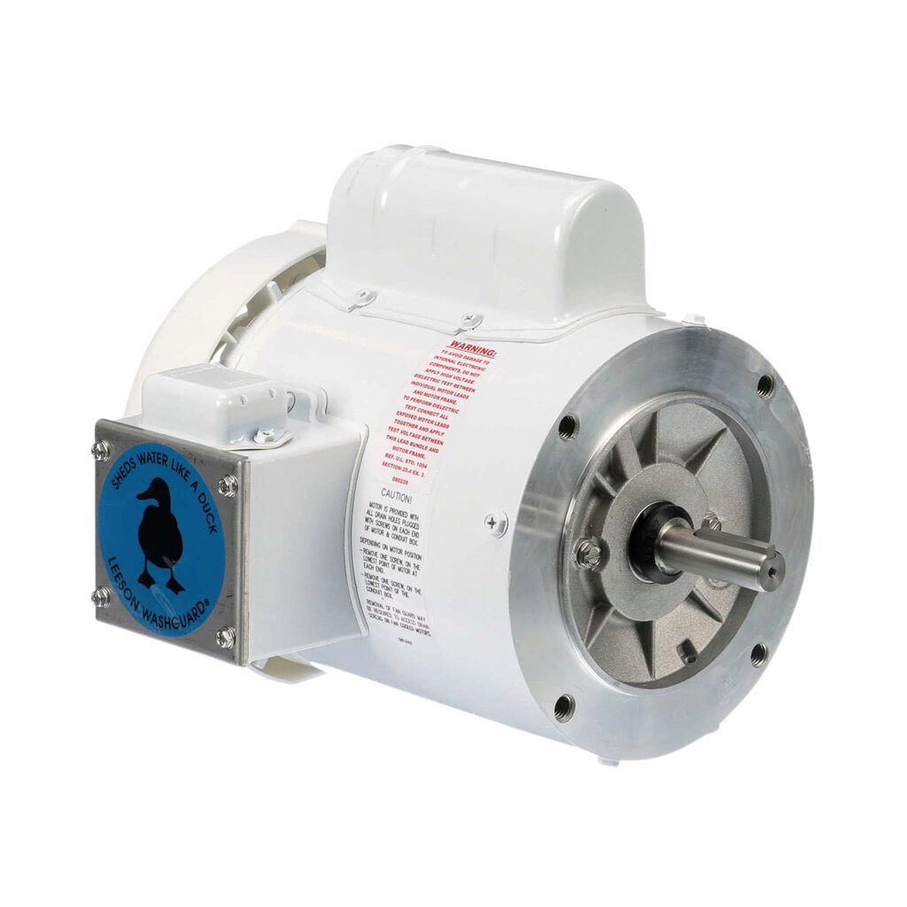 114313.00 - Leeson Washguard White Duck standard efficiency AC induction motor, washdown, 1/2hp, 1-phase, 115/208-230 VAC, 1800rpm, TEFC, NEMA 56C frame, rolled steel, C-face mount.