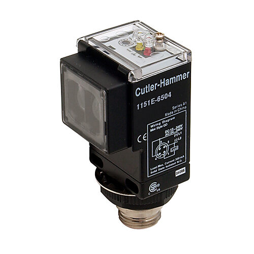 1151E-6504 - Eaton photoelectric sensor, rectangular, through-beam emitter, infrared, 500ft sensing distance, 12-240 VDC/24-240 VAC operating voltage, 73 x 48.5 x 46mm body, plastic, 4-wire, 4-pin mini 7/8in - 16UNF thread.