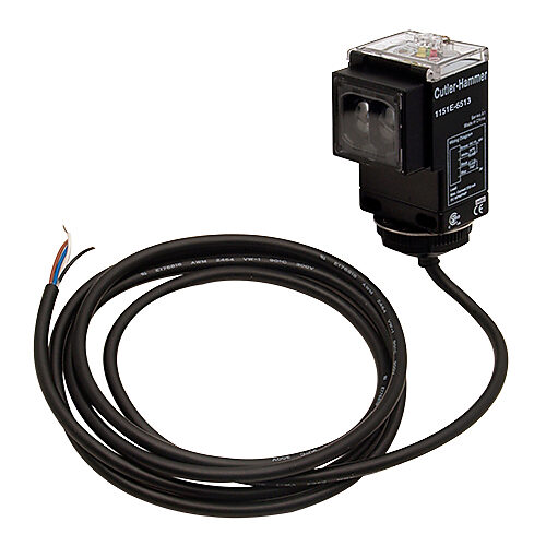 1151E-6513 - Eaton photoelectric sensor, rectangular, through-beam emitter, infrared, 500ft sensing distance, 12-240 VDC/24-240 VAC operating voltage, 73 x 48.5 x 46mm body, plastic, 4-wire, pigtail.