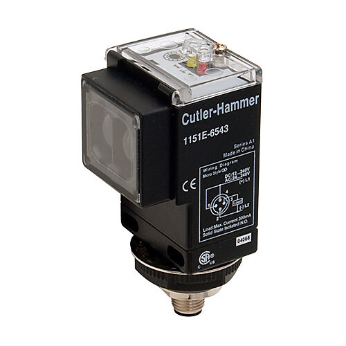 1151E-6543 - Eaton photoelectric sensor, rectangular, through-beam emitter, infrared, 500ft sensing distance, 12-240 VDC/24-240 VAC operating voltage, 73 x 48.5 x 46mm body, plastic, 4-wire, 4-pin AC micro 1/2in - 20UNF thread.