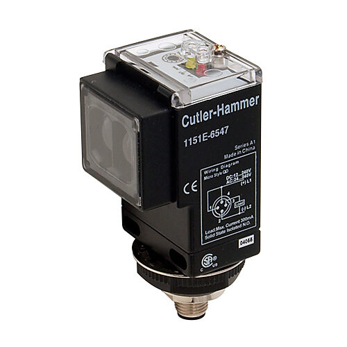 1151E-6547 - Eaton photoelectric sensor, rectangular, through-beam emitter, infrared, 500ft sensing distance, 10-40 VDC operating voltage, 73 x 48.5 x 46mm body, plastic, 4-wire, 4-pin M12 quick-disconnect.