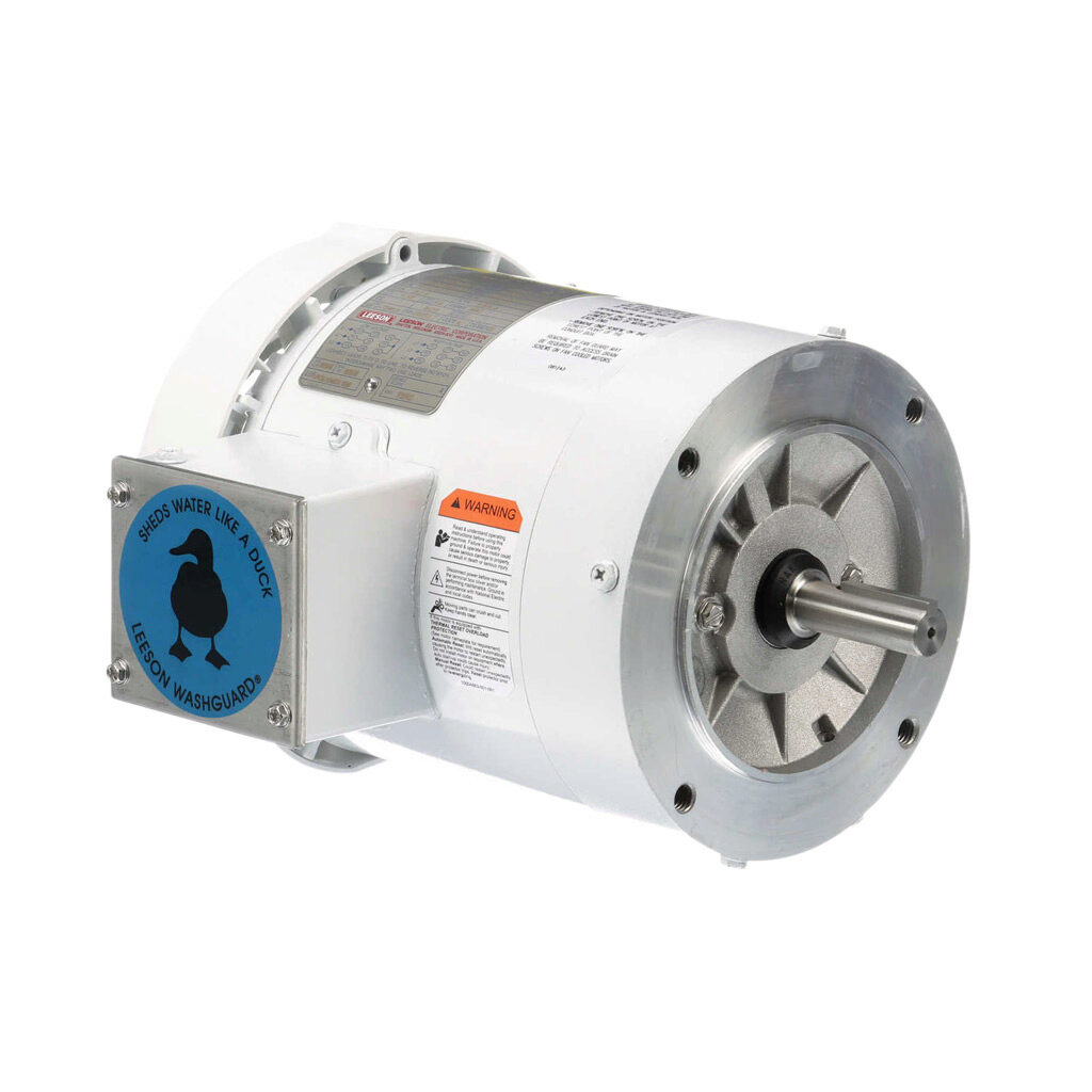 116645.00 - Leeson Washguard White Duck standard efficiency AC induction motor, washdown and inverter rated, 3/4hp, 3-phase, 208-230/460 VAC, 1800rpm, TEFC, NEMA 56C frame, rolled steel, C-face mount.