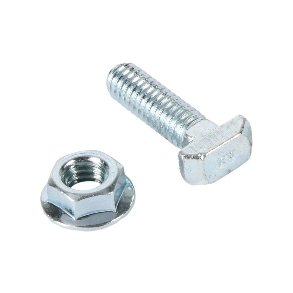 118284 - FATH hammer screw, silver, 5/16-18 UNC x 1in, zinc plated steel, slot size 8. For use with all 1.5in and 3in profile T-slotted rails. Flange nut included. Manufacturer part number: 096HK0830U5/16S01.
