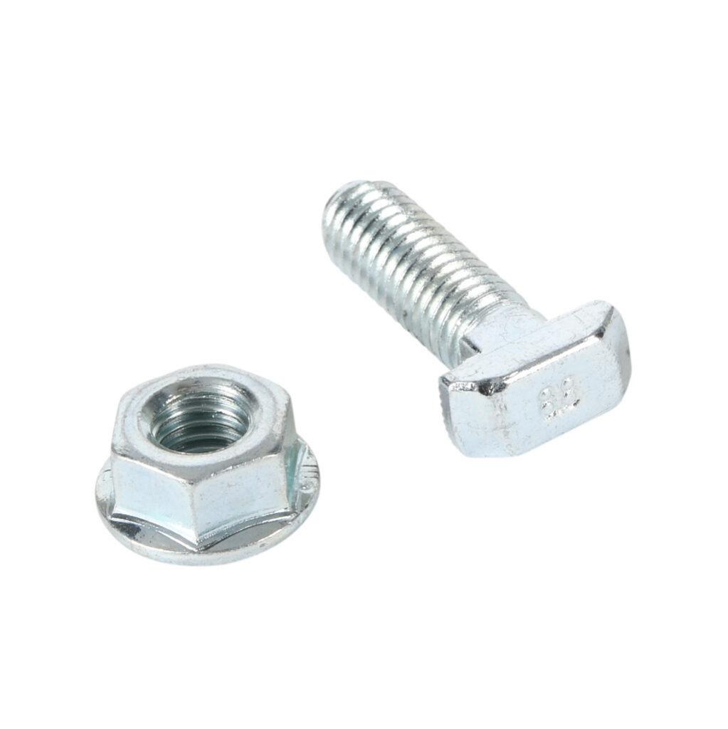 118287 - FATH hammer screw, silver, M8-1.25 x 25mm, zinc plated steel, slot size 8. For use with all 40mm and 80mm profile T-slotted rails. Flange nut included. Manufacturer part number: 096HK0830M0825S01.
