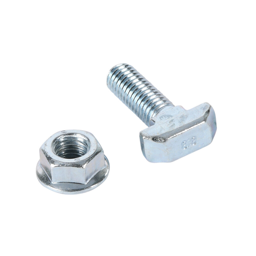 118590 - FATH hammer screw, silver, M8-1.25 x 25mm, zinc plated steel, slot size 10. For use with all 45mm and 90mm profile T-slotted rails. Flange nut included. Manufacturer part number: 096HK1030M0825S11.