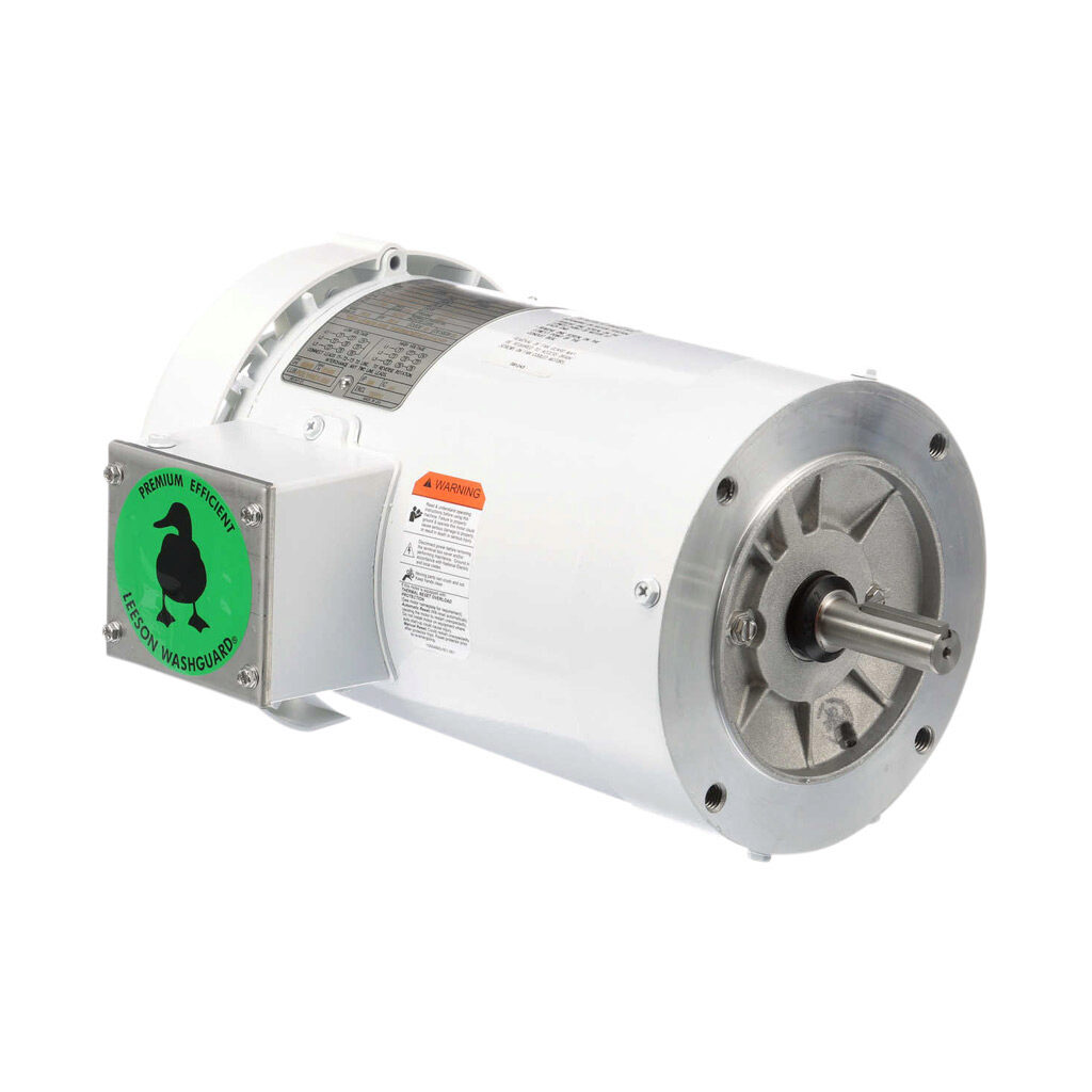 119468.00 - Leeson Washguard White Duck premium efficiency AC induction motor, washdown and inverter rated, 1hp, 3-phase, 208-230/460 VAC, 1800rpm, TEFC, NEMA 56C frame, rolled steel, C-face mount.