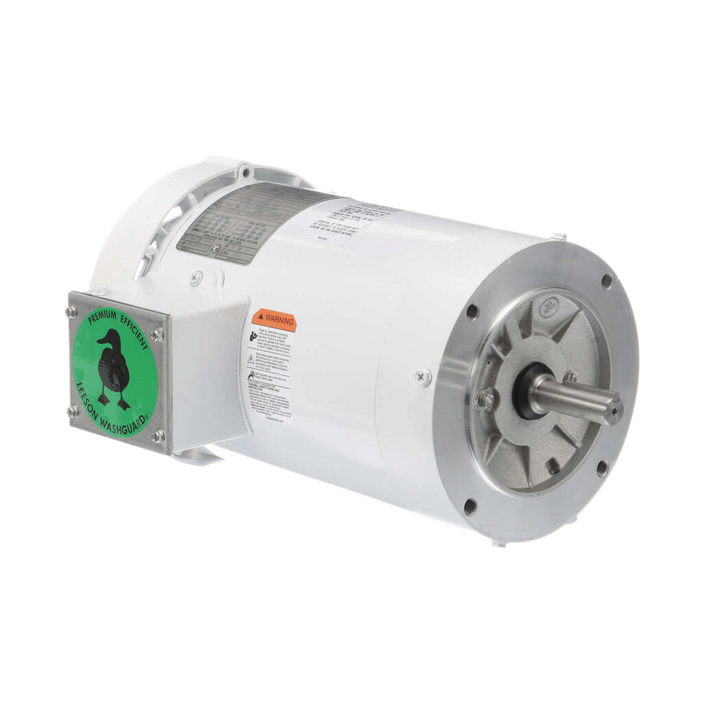 119469.00 - Leeson Washguard White Duck premium efficiency AC induction motor, washdown and inverter rated, 1-1/2hp, 3-phase, 208-230/460 VAC, 1800rpm, TEFC, NEMA 56C frame, rolled steel, C-face mount.