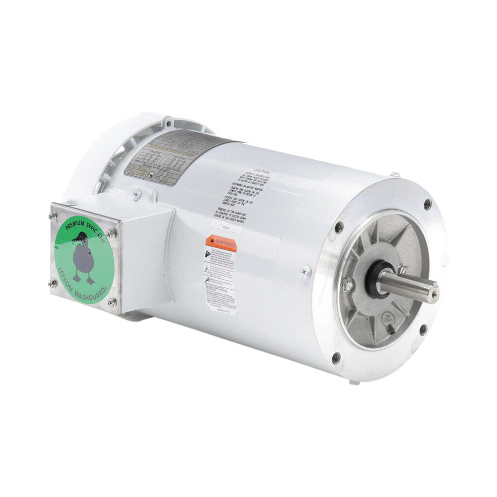 119471.00 - Leeson Washguard White Duck premium efficiency AC induction motor, washdown and inverter rated, 2hp, 3-phase, 208-230/460 VAC, 1800rpm, TEFC, NEMA 56C frame, rolled steel, C-face mount.