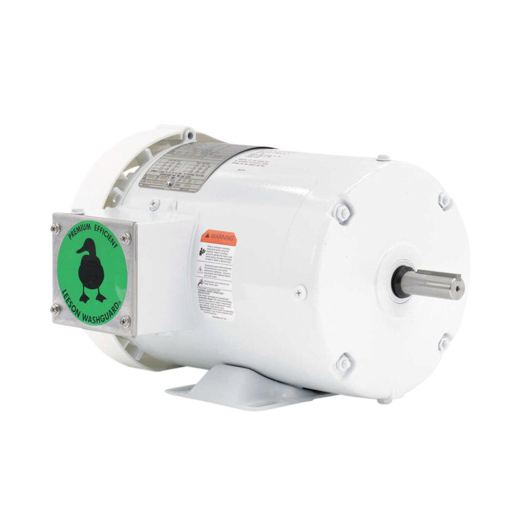 119475.00 - Leeson Washguard White Duck premium efficiency AC induction motor, washdown and inverter rated, 1hp, 3-phase, 208-230/460 VAC, 1800rpm, TEFC, NEMA 56 frame, rolled steel, rigid base mount.