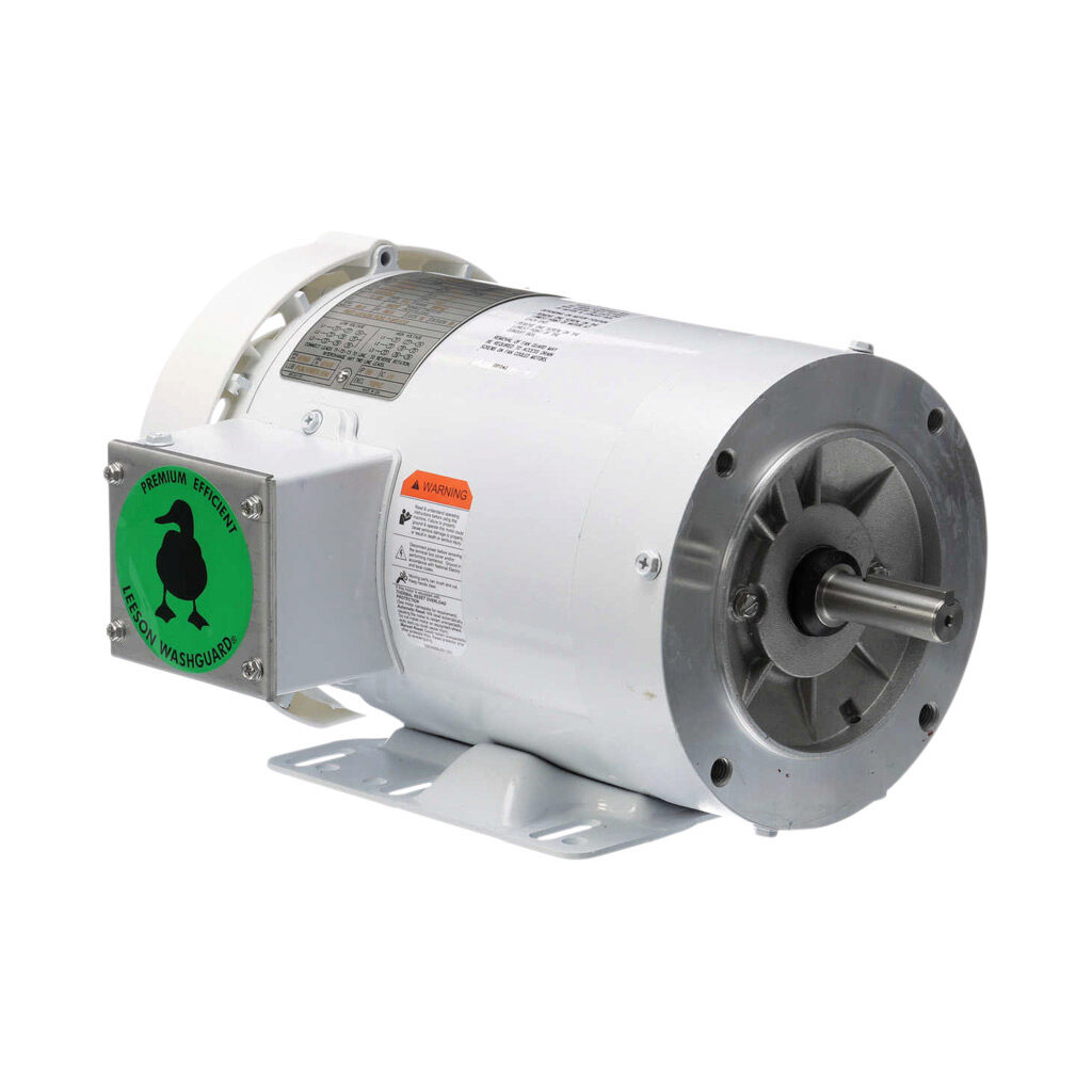 119476.00 - Leeson Washguard White Duck premium efficiency AC induction motor, washdown and inverter rated, 1hp, 3-phase, 208-230/460 VAC, 1800rpm, TEFC, NEMA 56HC frame, rolled steel, C-face/rigid base mount.