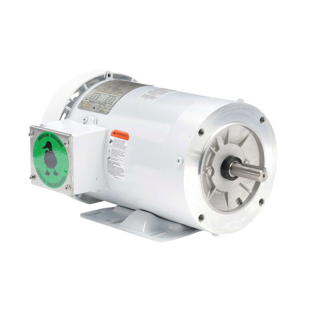 119478.00 - Leeson Washguard White Duck high efficiency AC induction motor, washdown and inverter rated, 1hp, 3-phase, 208-230/460 VAC, 1200rpm, TEFC, NEMA 56HC frame, rolled steel, C-face/rigid base mount.