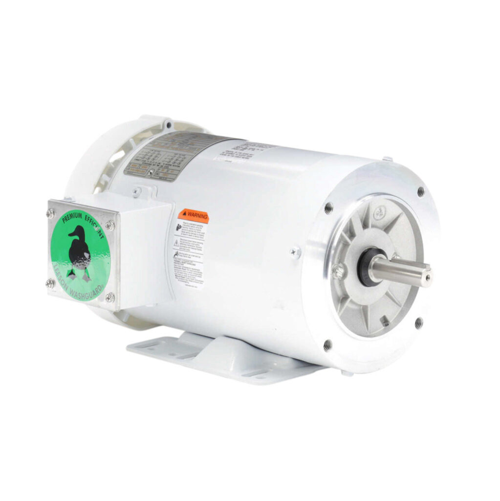 119480.00 - Leeson Washguard White Duck premium efficiency AC induction motor, washdown and inverter rated, 1-1/2hp, 3-phase, 208-230/460 VAC, 1800rpm, TEFC, NEMA 56C frame, rolled steel, C-face/rigid base mount.