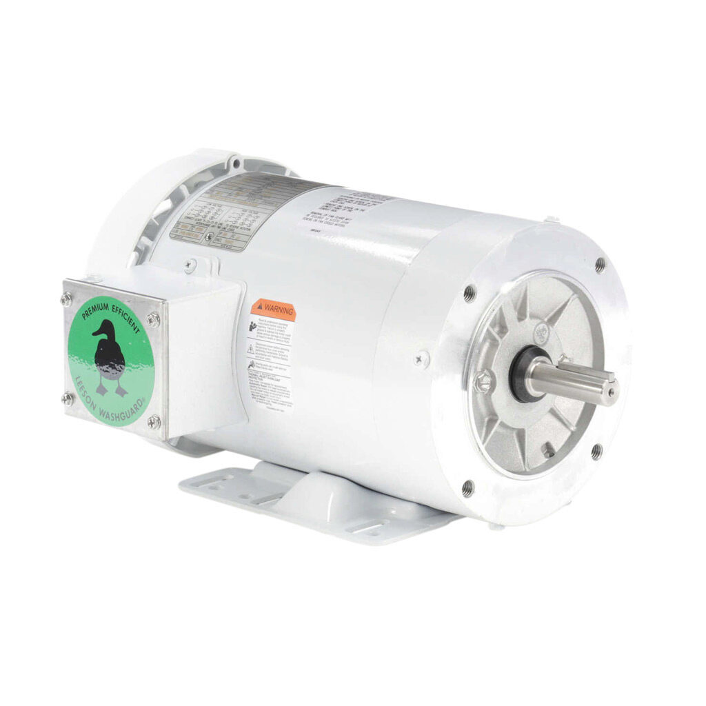 119482.00 - Leeson Washguard White Duck premium efficiency AC induction motor, washdown and inverter rated, 2hp, 3-phase, 208-230/460 VAC, 3600rpm, TEFC, NEMA 56HC frame, rolled steel, C-face/rigid base mount.