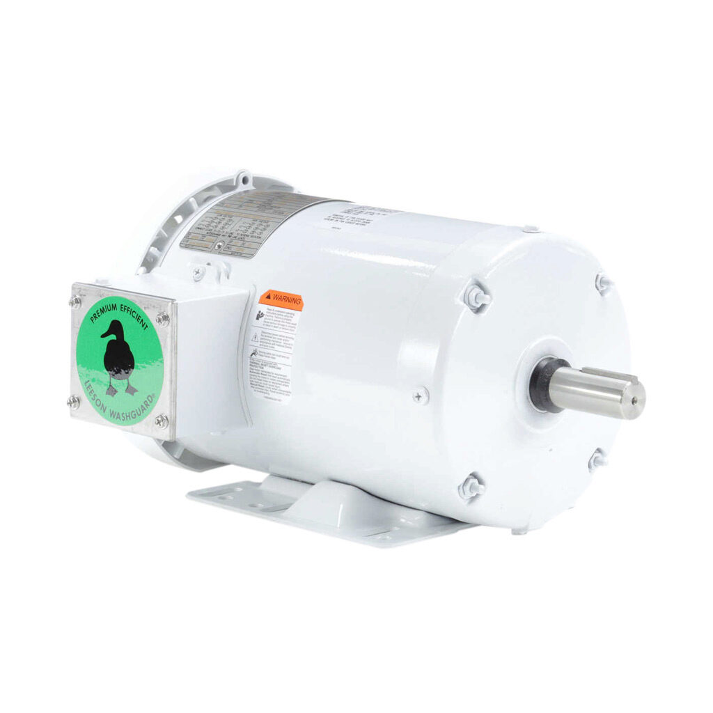 121866.00 - Leeson Washguard White Duck premium efficiency AC induction motor, washdown and inverter rated, 2hp, 3-phase, 208-230/460 VAC, 1800rpm, TEFC, NEMA 145T frame, rolled steel, rigid base mount.
